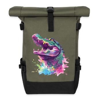 Alligator Krokodil Kaiman Reptil Raubtier Tier - Rolltop Rucksack - Olive/Schwarz - Vorne