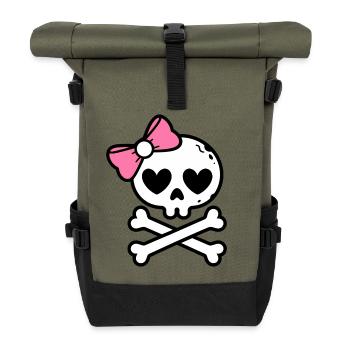 Süße rosa Schleife Totenkopf und gekreuzte Knochen - Rolltop Rucksack - Olive/Schwarz - Vorne