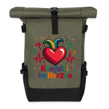 Herzschlag Konfetti Im Herzen EKG Karneval - Rolltop Rucksack - Olive/Schwarz - Vorne