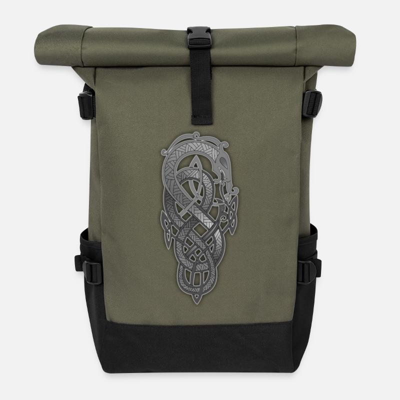 Schwarzer metallischer keltischer Knoten - Rolltop Rucksack - Olive/Schwarz