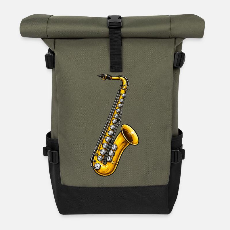 Saxophone d’or dans le style jazz - Sac à dos roll top - olive/noir