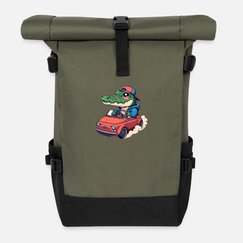 Krokodil-Auto - Rolltop Rucksack - Olive/Schwarz