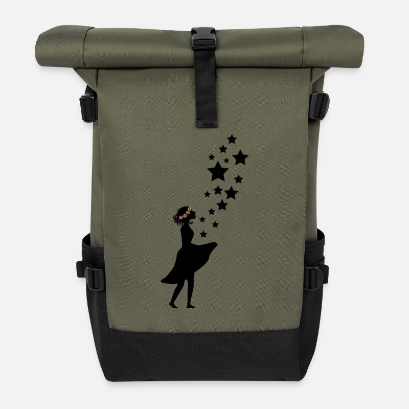 Blumen-Mädchen mit Sternenhimmel - Rolltop Rucksack - Olive/Schwarz