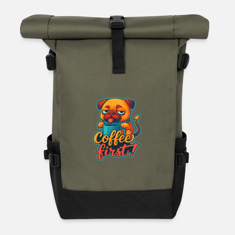 Müder Hund mit Kaffeetasse - Rolltop Rucksack - Olive/Schwarz
