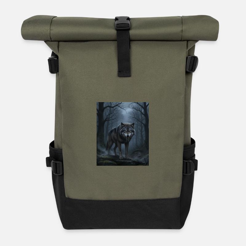 Wolf Nachts im Nebelwald - Rolltop Rucksack - Olive/Schwarz