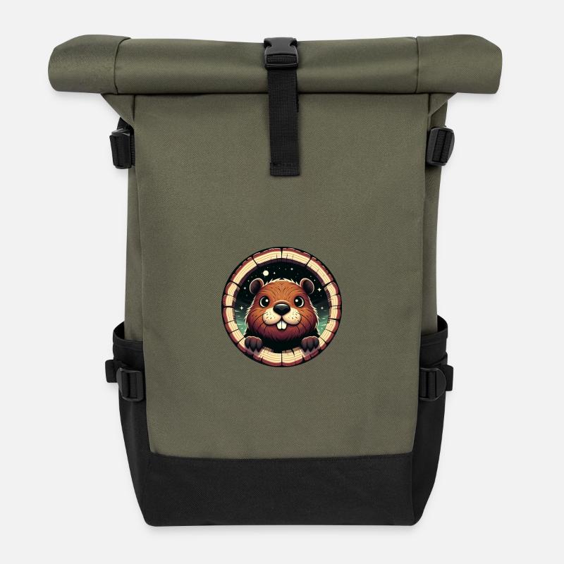 Biber schaut durch Holz - Rolltop Rucksack - Olive/Schwarz
