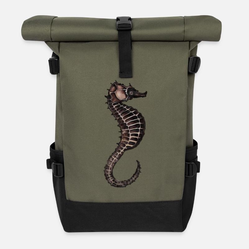 Aquarell Seepferdchen Muster - Rolltop Rucksack - Olive/Schwarz