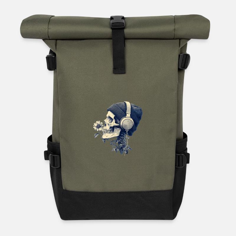 Skull with headphones and flowers - Roll Top Backpack - olive/black