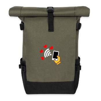 Smartphone in der Hand und Telefon mit süßen Herzen - Rolltop Rucksack - Olive/Schwarz - Vorne