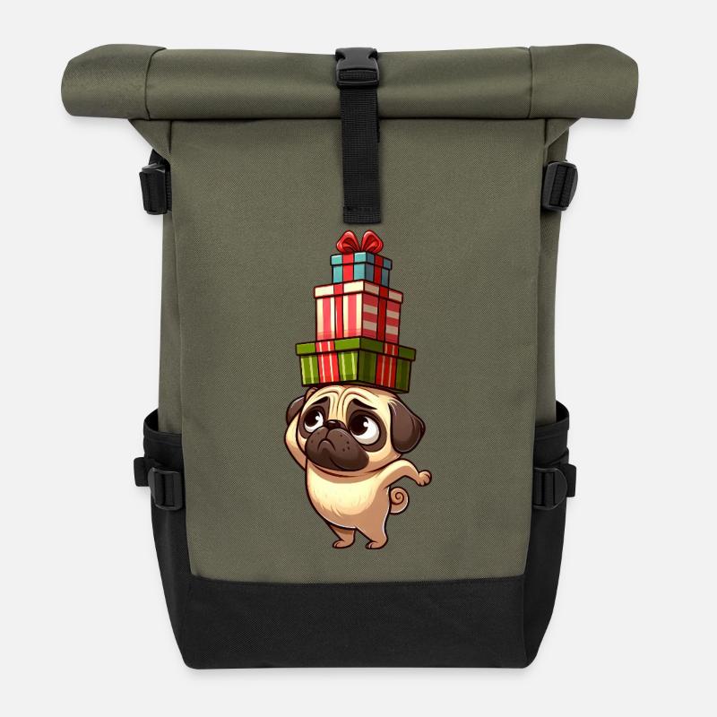 Lustiger Mops balanciert Weihnachtsgeschenke - Rolltop Rucksack - Olive/Schwarz