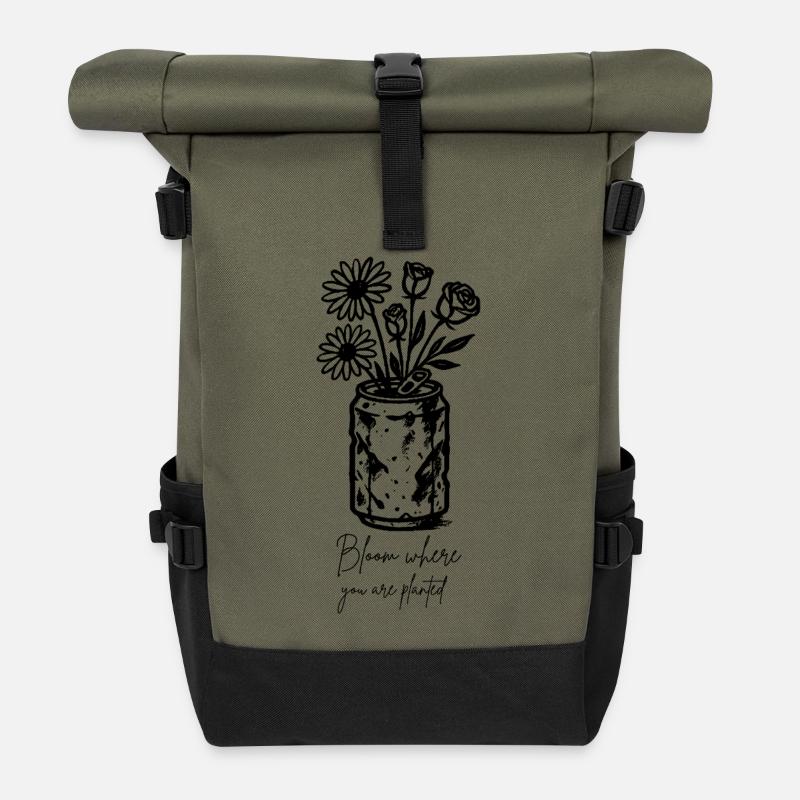 Bloom Where You Are Planted – Floral Vintage - Roll Top Backpack - olive/black