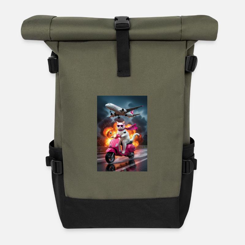 Stylistic Kitten on Scooter - Roll Top Backpack - olive/black