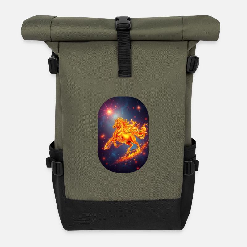 Golden Fire Horse Starry Sky Zodiac Sign - Roll Top Backpack - olive/black