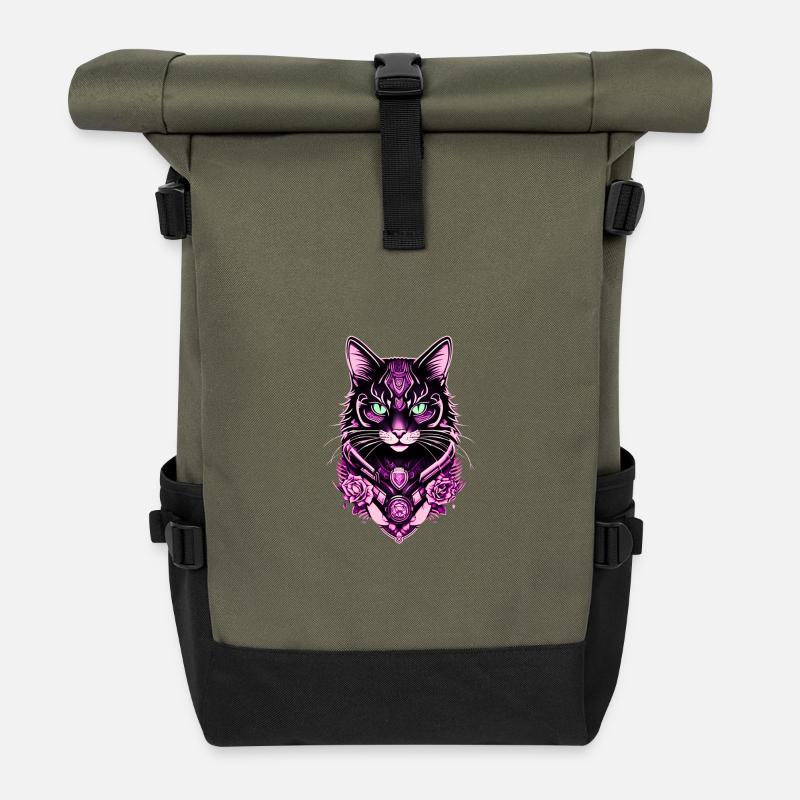 Futuristic Cat Portrait Print - Roll Top Backpack - olive/black