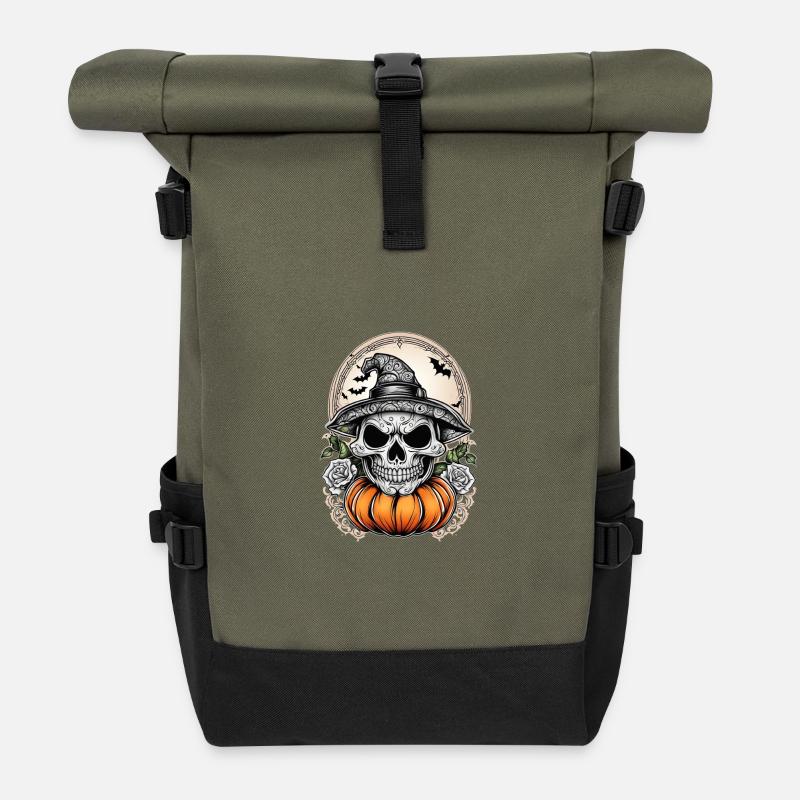 Halloween Witch Head with Pumpkin and Bats - Roll Top Backpack - olive/black