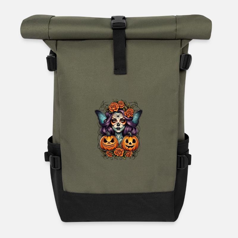 Halloween Witch Portrait with Pumpkins - Roll Top Backpack - olive/black