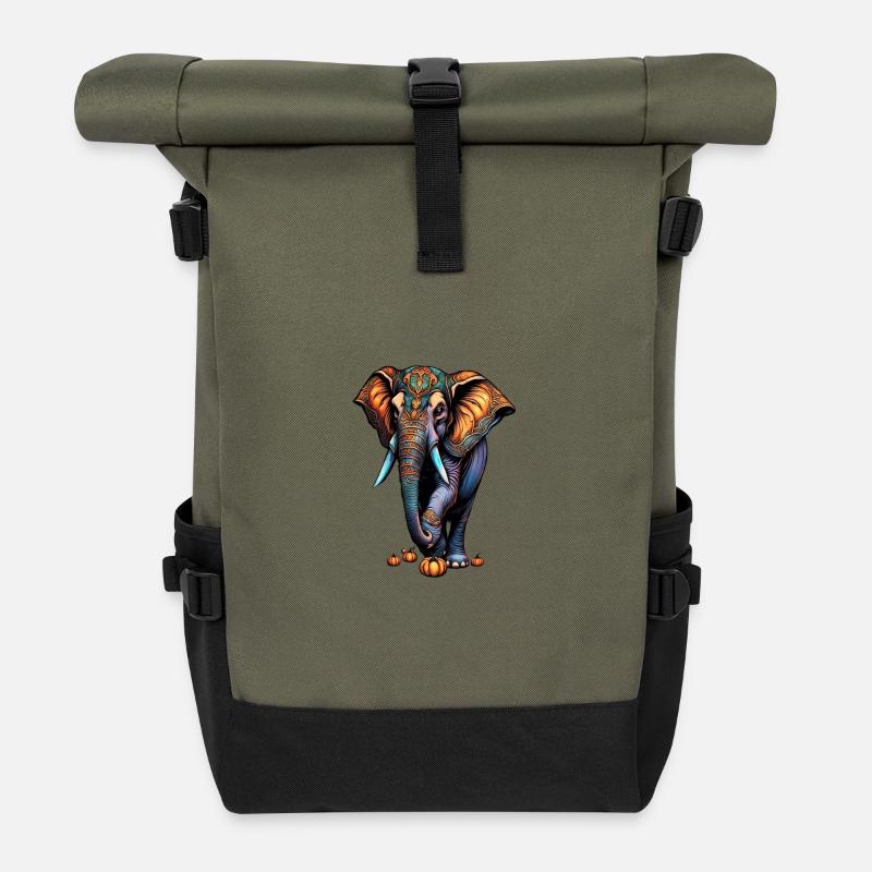 Ornament Elephant mit Herbstpumpkins - Rolltop Rucksack - Olive/Schwarz