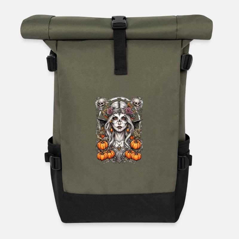 Mondschatten Fee mit Kürbissen - Rolltop Rucksack - Olive/Schwarz