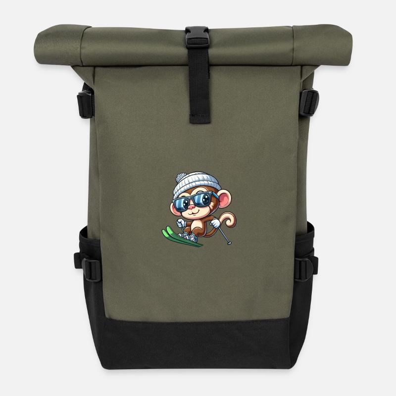 Affe Schimpanse Skifahrer Ski - Rolltop Rucksack - Olive/Schwarz
