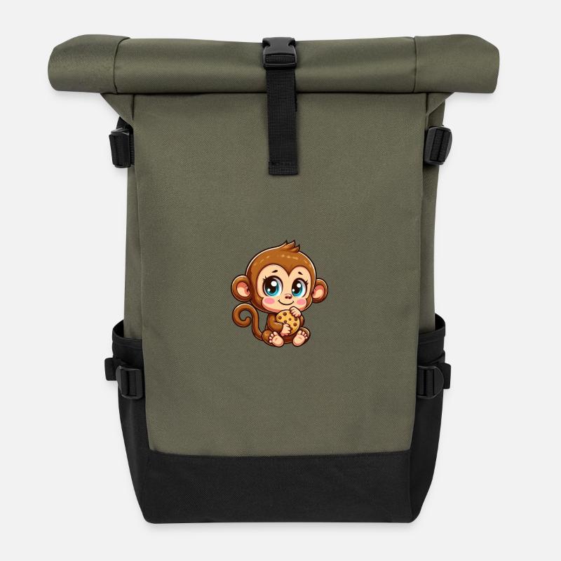 Cute monkey chimpanzee nibbling cookies cartoon - Roll Top Backpack - olive/black