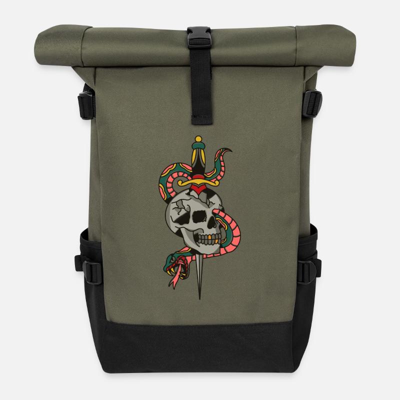 Skull Dagger Snake Tattoo Illustration - Roll Top Backpack - olive/black