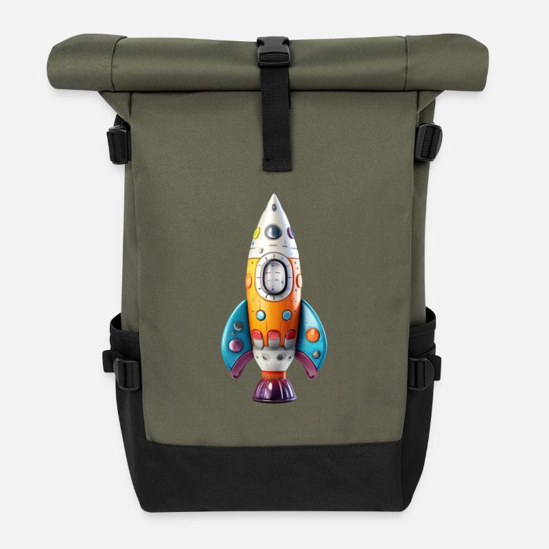 Bunte, süsse Rakete Richard - Druck Design - Rolltop Rucksack - Olive/Schwarz