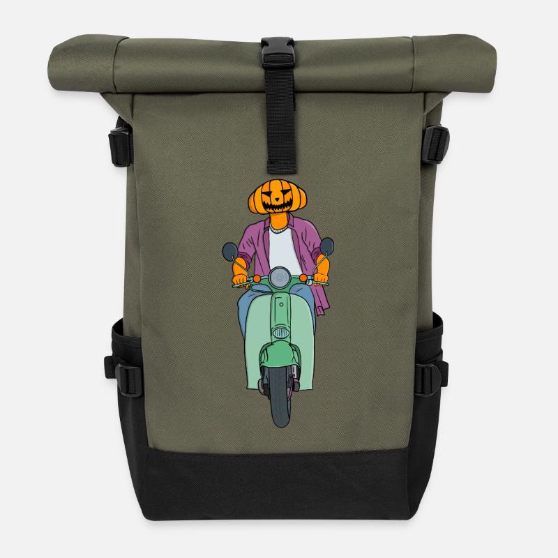 Pumpkin Rider on Mint Scooter - Roll Top Backpack - olive/black