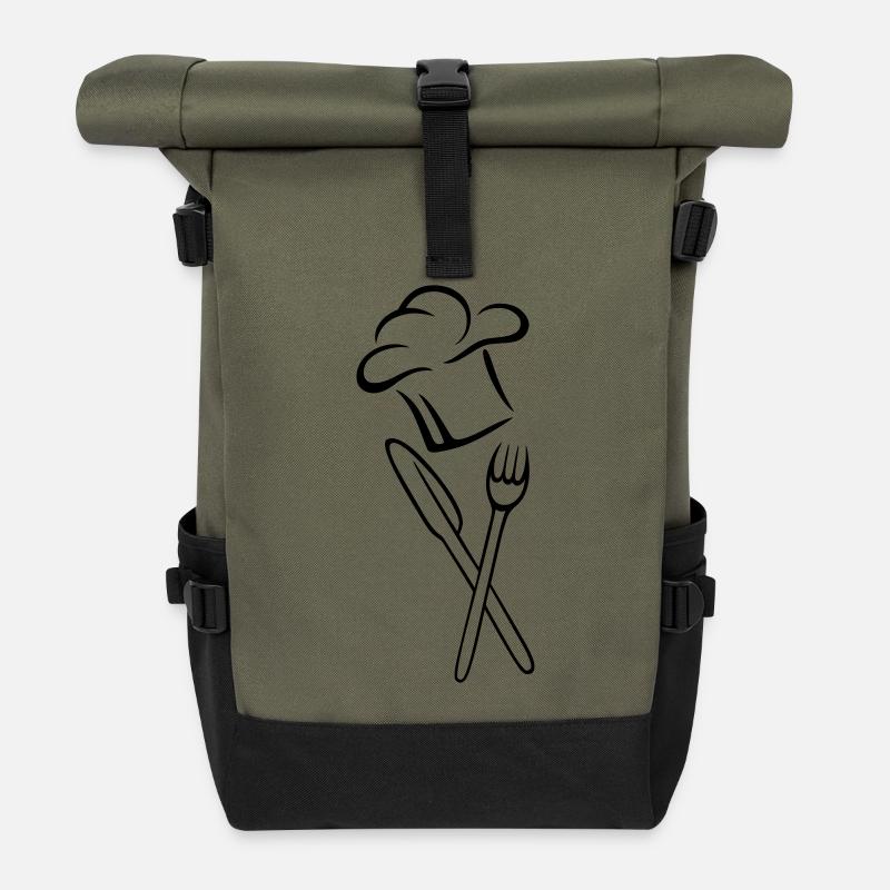 Kochmütze, Messer, Gabel - Rolltop Rucksack - Olive/Schwarz
