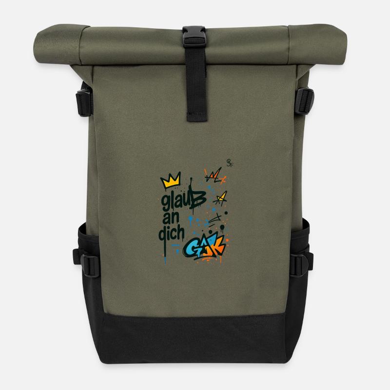 Graffiti Glaub An Dich Design - Rolltop Rucksack - Olive/Schwarz