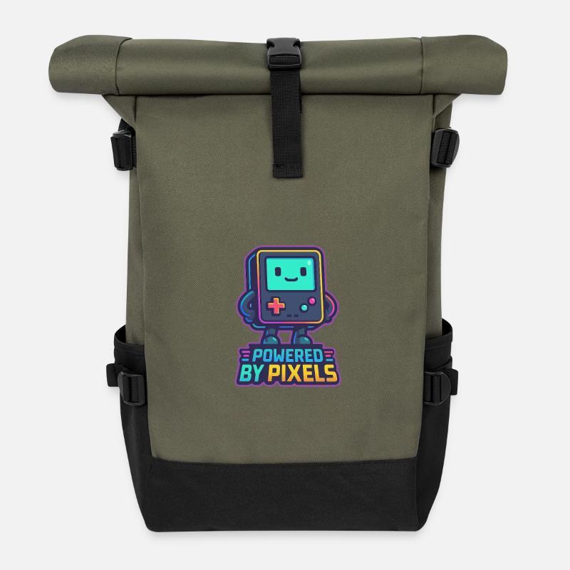 Verpixelter Bot mit ermächtigter Nachricht - Rolltop Rucksack - Olive/Schwarz