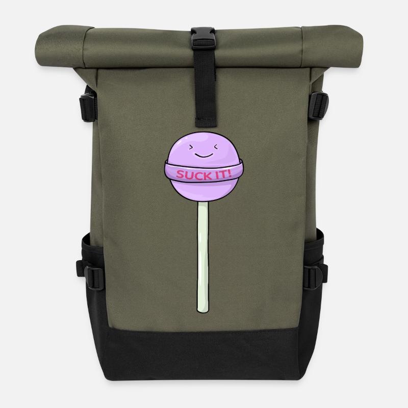 Cute Lollipop with Saying Funny Cartoon Design - Roll Top Backpack - olive/black