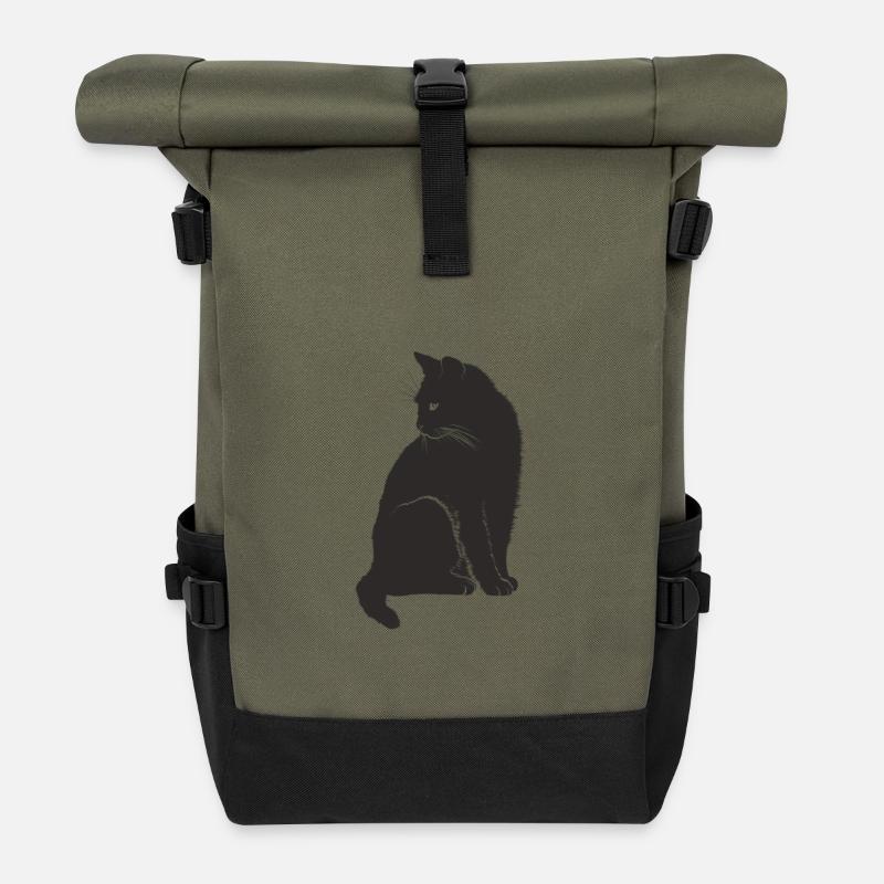 Chat noir - Sac à dos roll top - olive/noir