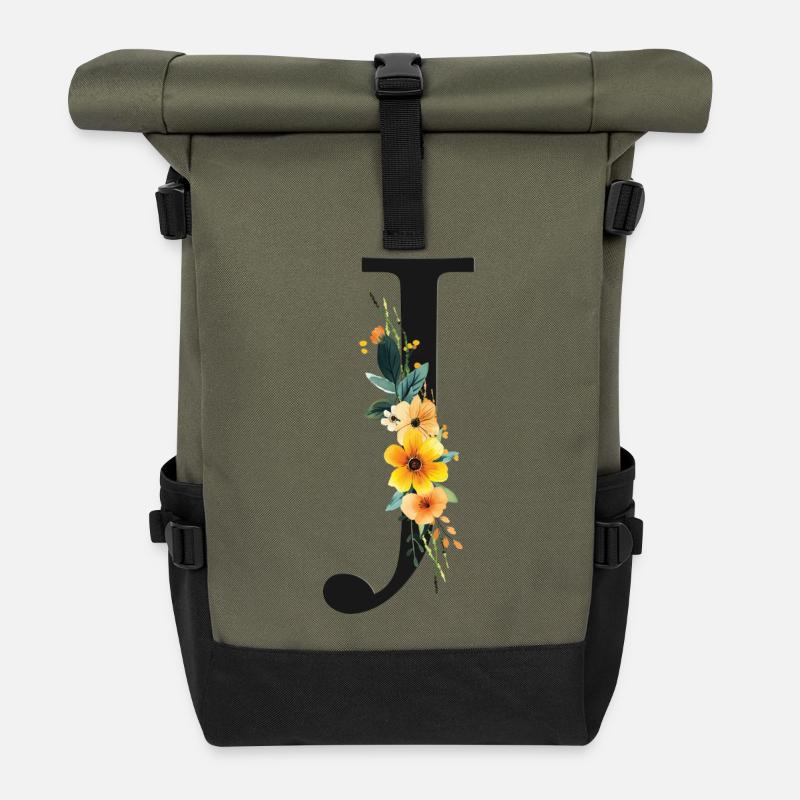 J Monogramm, Floral, personalisierbar - Rolltop Rucksack - Olive/Schwarz