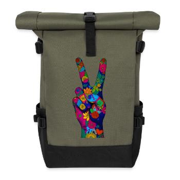 Floral Peace Sign Hand in Vibrant Color - Roll Top Backpack - olive/black - Front