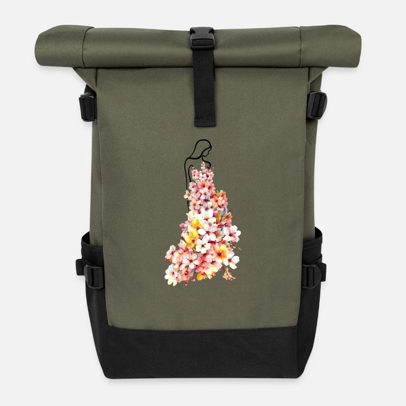 Lady Flower en robe à fleurs - Sac à dos roll top - olive/noir
