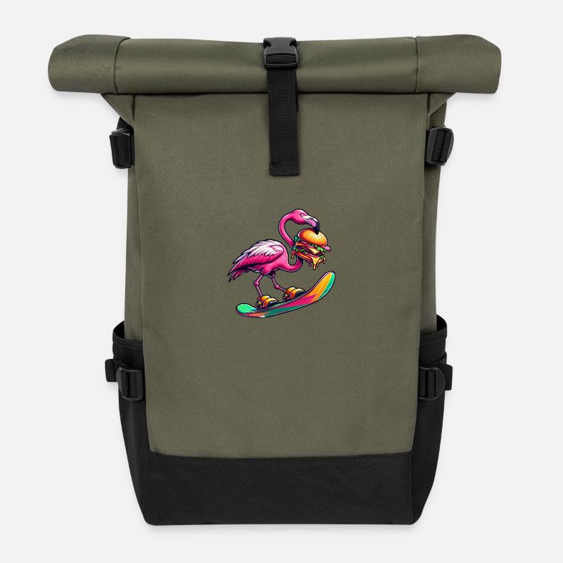 Flamingo Snowboarder mit Burger - Rolltop Rucksack - Olive/Schwarz