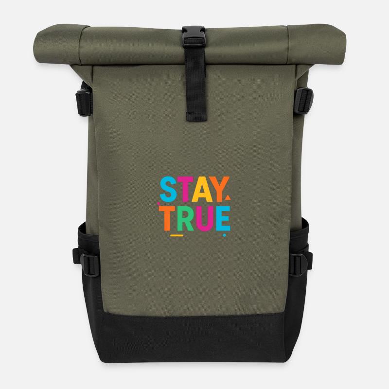Stay True Colorful Typography - Roll Top Backpack - olive/black