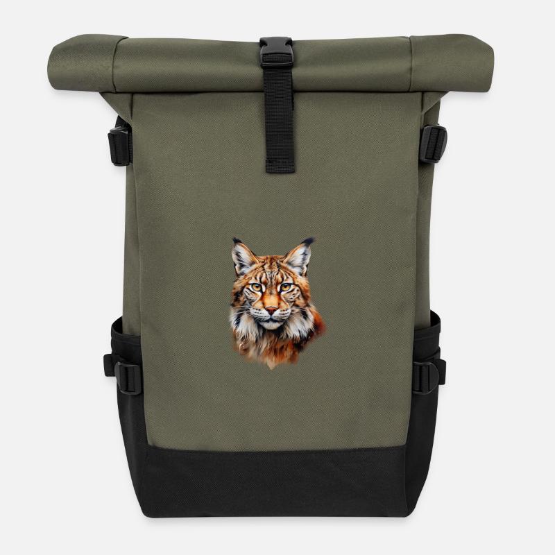 Luchs Portrait – Wildtier Design - Rolltop Rucksack - Olive/Schwarz