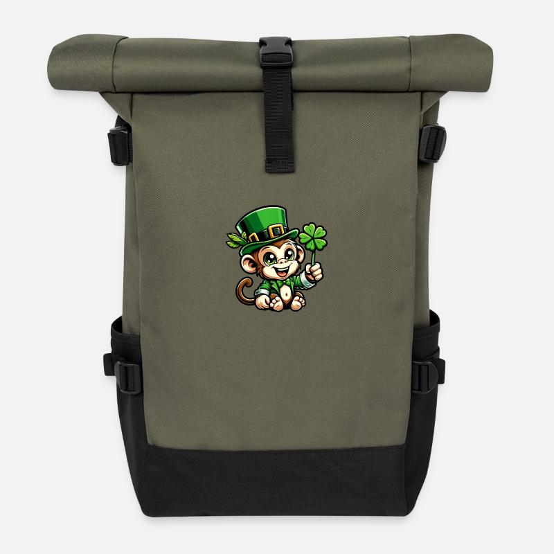 St. Patrick's Day Affe Schimpanse Kleeblatt Design - Rolltop Rucksack - Olive/Schwarz