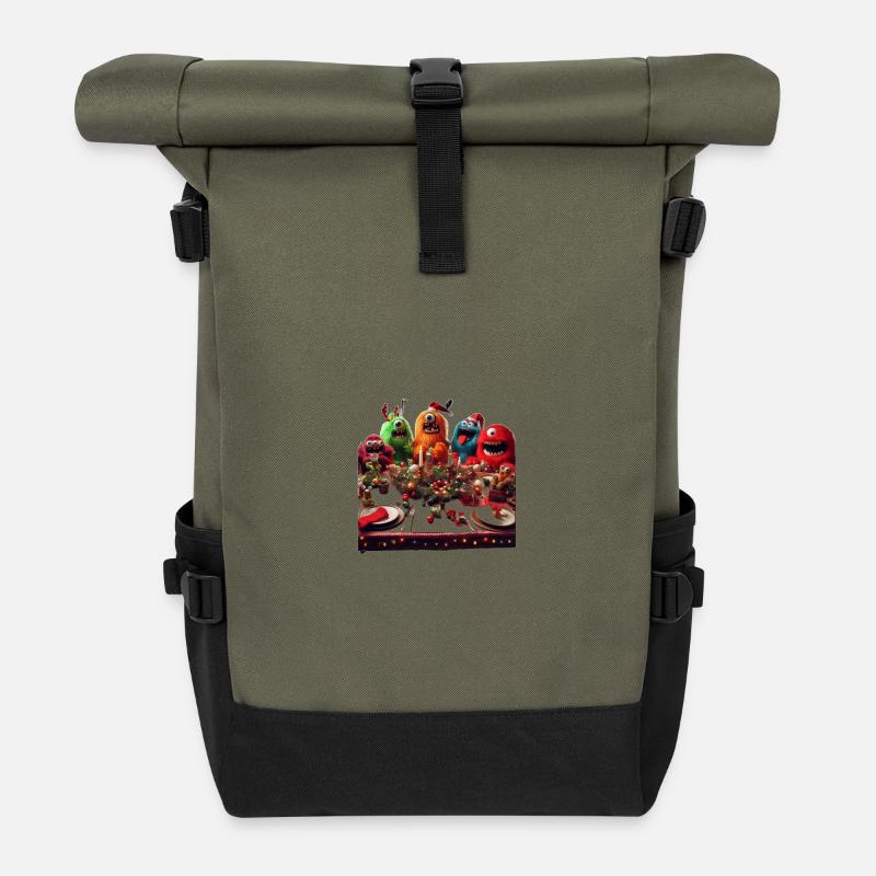 Humorous Monster Christmas Scene - Roll Top Backpack - olive/black