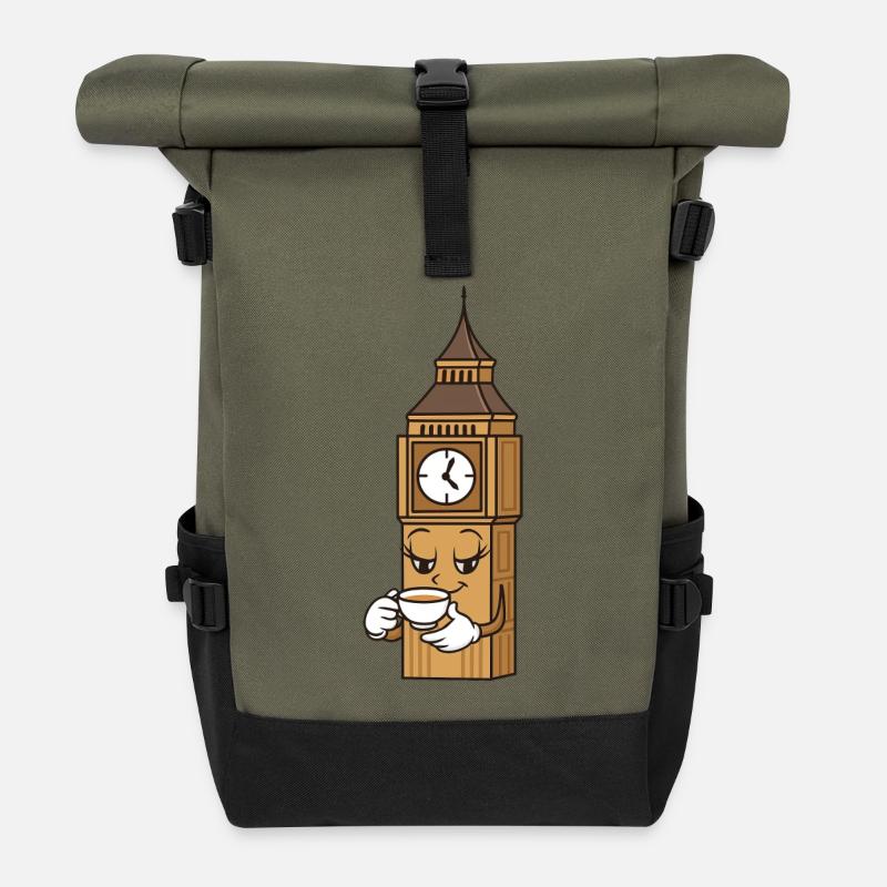 Kaffeeuhr BigBen Cartoon - Rolltop Rucksack - Olive/Schwarz