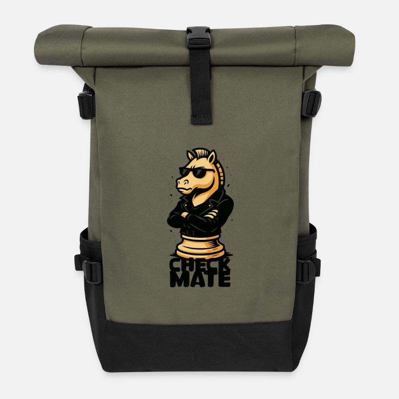 Cooler Schach-Reiter im Lederjacken-Style - Rolltop Rucksack - Olive/Schwarz