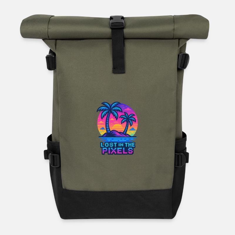 Pixelated Tropical Sunset Design - Roll Top Backpack - olive/black