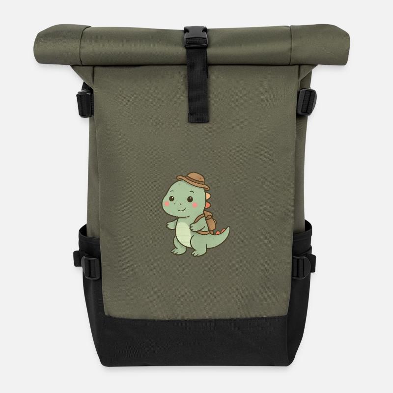 Kuscheliger Dino mit Abenteuerhut - Rolltop Rucksack - Olive/Schwarz