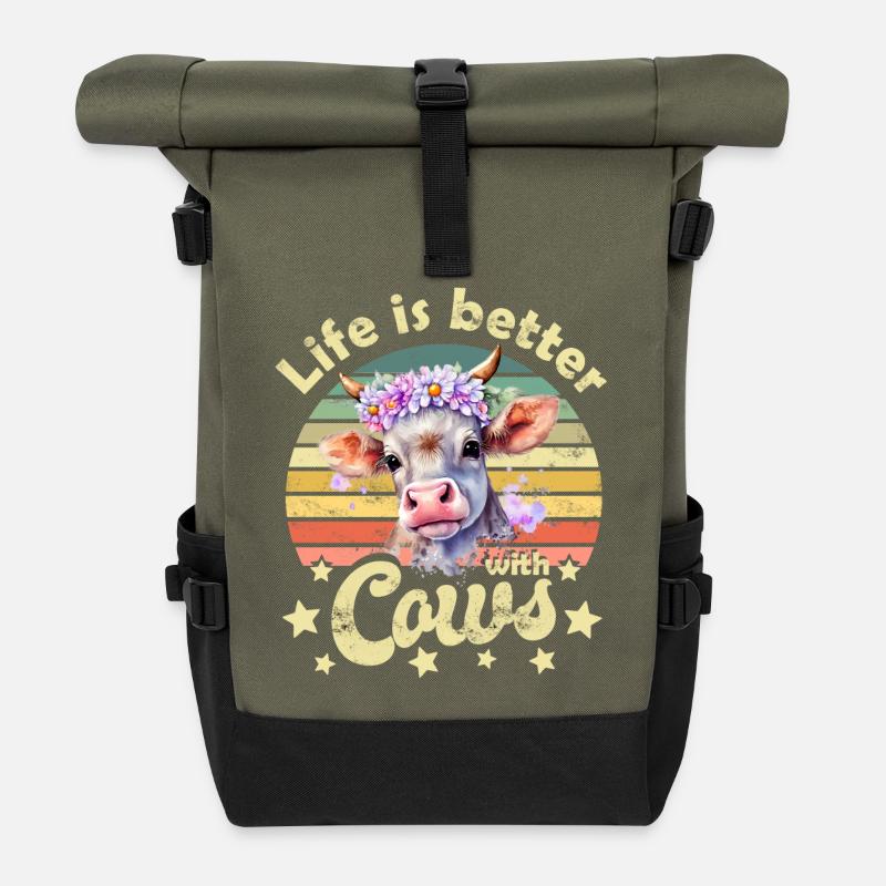 Cow cows - Roll Top Backpack - olive/black