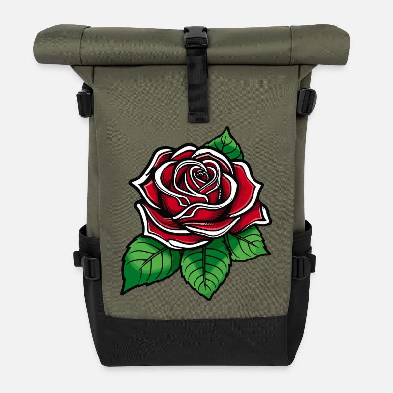 Crimson Rose Pop Art Bloom - Roll Top Backpack - olive/black