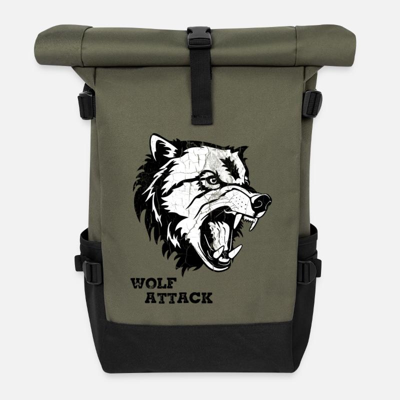 WOLF ATTACK - Roll Top Backpack - olive/black