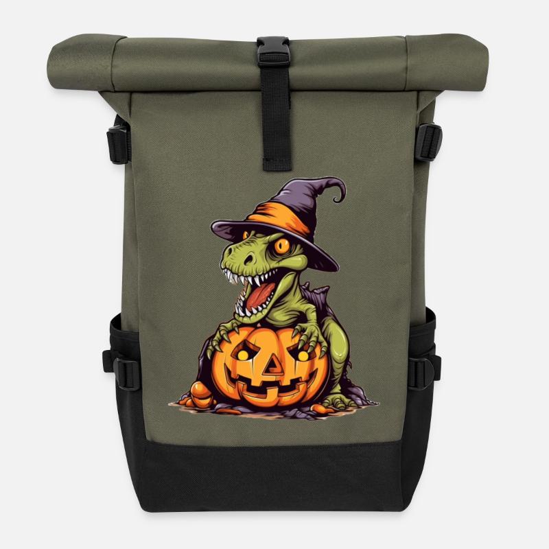 Creepy Dinosaur Witches Pumpkin - Roll Top Backpack - olive/black