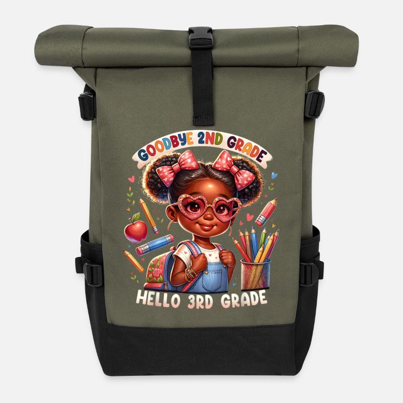 Auf Wiedersehen 2. Klasse Cartoon Mädchen - Rolltop Rucksack - Olive/Schwarz