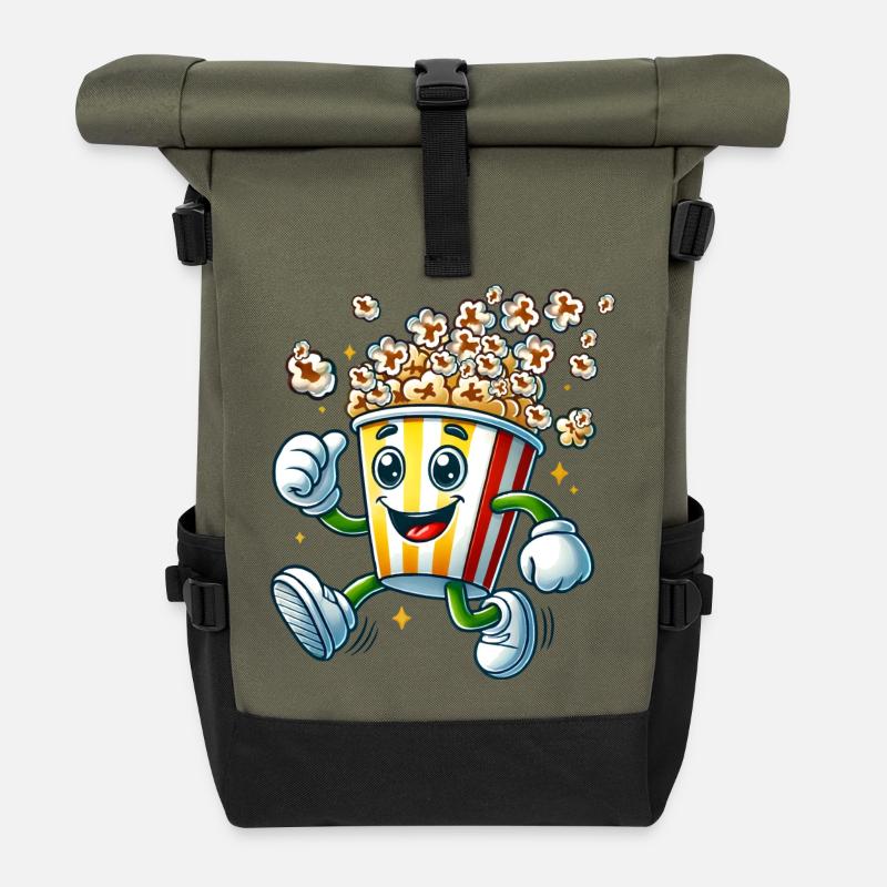 motif pop-corn de dessin animé joyeux pour s’amuser au cinéma - Sac à dos roll top - olive/noir